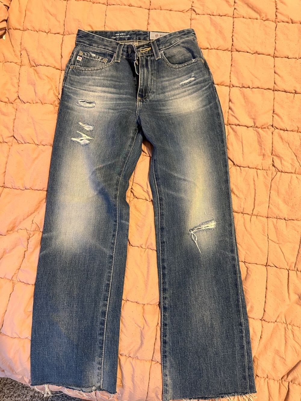Ag Adriano Goldschmied Women's Distressed Blue Straight Leg Jeans